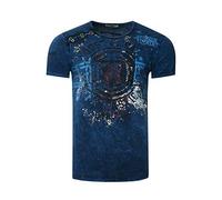 Camiseta para hombre de cuello redondo, aspecto desgastado, impresión frontal, botones 238 marine S