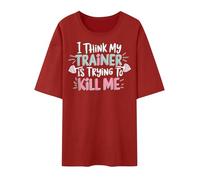 Camiseta para hombre de gran tamaño con texto en inglés «I Think My Trainer is Trying to Kill Me - Camiseta de fitness con texto impreso | Camiseta de gimnasio informal para entusiastas del deporte