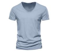 Camiseta para hombre de moda, casual, color liso, algodón y lino, cuello en V, manga corta, elástica, atlética, moderna, ligera, para verano, azul claro, 4XL