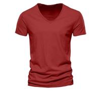 Camiseta para hombre de moda, casual, color liso, algodón y lino, cuello en V, manga corta, elástica, atlética, moderna, ligera, para verano, rosso, 3XL
