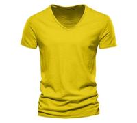 Camiseta para hombre de moda, casual, color liso, algodón y lino, cuello en V, manga corta, elástica, atlética, moderna, ligera, para verano, amarillo, 5XL