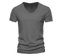 Camiseta para hombre de moda, casual, color liso, algodón y lino, cuello en V, manga corta, elástica, atlética, moderna, ligera, para verano, gris oscuro, M