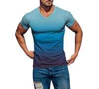 Camiseta para hombre, degradado de color, cuello de pico, manga corta, informal, urbana, elegante, deportiva, para el tiempo libre, camiseta deportiva para hombre, azul claro, XXL