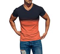 Camiseta para hombre, degradado de color, cuello en V, manga corta, informal, urbana, elegante, 2024, deportiva, camiseta de ocio, camiseta deportiva para hombre, naranja, XL