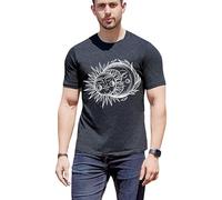 Camiseta para hombre, diseño gráfico, mezcla de algodón, básica, vintage, casual, ajuste, Negro-gris-sol y luna, M