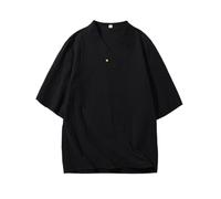 Camiseta para hombre estilo chino manga corta camiseta de lino botones de rana manga 3/4 tops cómoda cuello en V camisa superior suelta tradicional casual, Negro , XXL