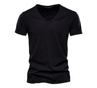 Camiseta para hombre, monocolor, cuello de pico, manga corta, informal, elegante, deportiva, ropa de calle, camiseta para hombre, tiempo libre, Negro , XXL
