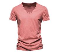 Camiseta para hombre, monocolor, cuello de pico, manga corta, informal, elegante, deportiva, ropa de calle, camiseta para hombre, tiempo libre, rojo, XXXL