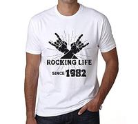 Camiseta para Hombre Rockeando La Vida Desde 1982 - Rocking Life Since 1982 - Regalo Diseño Gráfico 42 Años Cumpleaños Aniversario Moda Año 1982 Blanco XL