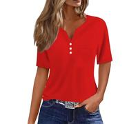 Camiseta para mujer, algodón, cuello en V, camiseta Henley, manga corta, básica, verano, elegante, informal, talla grande, blusas con botones, camiseta larga, túnicas, rojo, XXL