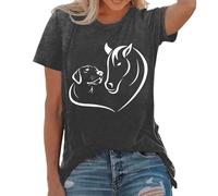 Camiseta para mujer amante de los caballos: camiseta con diseño de corazón y caballos divertidos para el verano, gris oscuro, L
