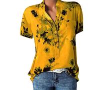 Camiseta para mujer, blusa de verano, manga corta, parte superior, estampado de flores, blusa de camisa con cuello en V, botones sueltos, túnica de gran tamaño, blusas y túnicas para mujer, amarillo,