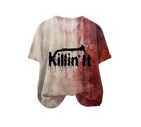 Camiseta para mujer, blusa superior, camiseta de Halloween, camisa sangrienta para mujer, divertida con cuello en O, manga corta, Halloween, ropa de sangre, regalo de sangre, blusa azul, Color lila