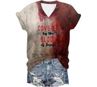 Camiseta para mujer, blusa superior, camiseta sangrienta de Halloween para mujer, divertido cuello en V, manga corta, regalo de ropa, salpicaduras de sangre, camiseta azul para mujer, morado, L