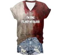 Camiseta para mujer, blusa superior, camiseta sangrienta de Halloween para mujer, divertido cuello en V, manga corta, regalo de ropa, salpicaduras de sangre, camiseta azul para mujer, Rosa., XL