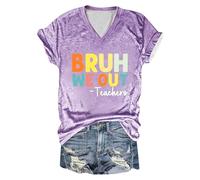 Camiseta para mujer, camiseta de manga corta, camiseta Bruh We Out Teachers, camiseta divertida con letras impresas, cuello en V, manga corta, regalo para profesores, elegante, morado, 5XL