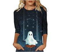 Camiseta para mujer con bonito diseño de espíritu - parte superior de estilo kawaii frente al cielo estrellado | Camiseta informal para Halloween y el día a día, Style O01 Navy, M