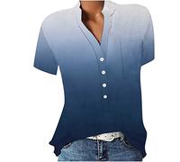 Camiseta para mujer con cuello de pico, blusa de manga corta, camiseta a la moda, informal, holgada, estampado floral, túnica, azul oscuro, XXL