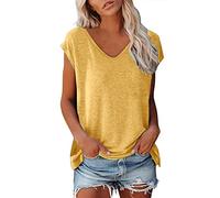 Camiseta para mujer con cuello en V, camiseta de verano, manga corta, top de algodón, básica, blusas sin mangas, blusas deportivas, camisetas elegantes, tallas grandes, O amarillo., XXL