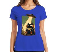 Camiseta para mujer con diseño de gato UFO Alien Secuestro Japón Y2K, azul, S