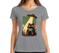 Camiseta para mujer con diseño de gato UFO Alien Secuestro Japón Y2K, gris, M