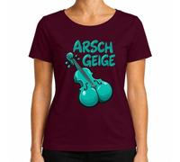 Camiseta para mujer con diseño de violín, color burdeos, talla S | sarcasmo, orquesta, músico, instrumento de cordón, broma, palabra, profesor de música, fidele, ironía, violonchelo