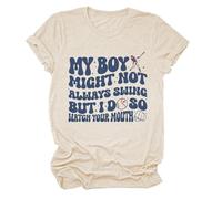 Camiseta para Mujer con Diseño Gráfico Divertido My Boy Might Not Always Swing But I Do So Watch Your Mouth Ideal para el Día de la y Uso Diario como Top Casual de Algodón y Transpirable (Beige, M)