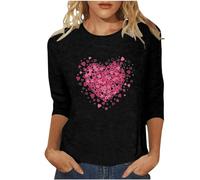 Camiseta para mujer con estampado de corazones de San Valentín, informal, cuello redondo, siete cuartos, guantes de malla, neón, Negro , XL