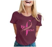 Camiseta para mujer con estampado del mes de la prevención del cáncer de mama, cuello redondo, manga corta, informal, camiseta de neón para mujer (2), Vino, L