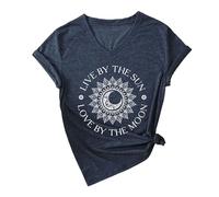 Camiseta para mujer con estampado espiritual de mandala, camiseta de manga corta con cuello en V y frase "Live by the Sun, Love by the Moon", camiseta informal bohemia para yoga y ocio, Style_j01 Blue