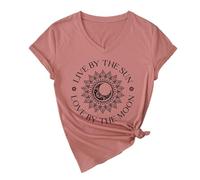 Camiseta para mujer con estampado espiritual de mandala, camiseta de manga corta con cuello en V y frase "Live by the Sun, Love by the Moon", camiseta informal bohemia para yoga y ocio, Style_j02 Pink