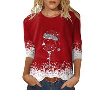 Camiseta para mujer con estampado navideño, cuello redondo, camiseta de manga tres cuartos, cuello redondo, estampado floral, blusa suelta con abertura lateral, túnica de gran tamaño, rojo, L
