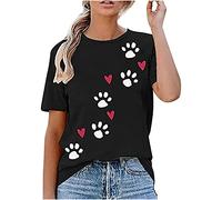 Camiseta para mujer con huella de perro y corazón, cuello redondo, manga corta, para tiempo libre, verano, Negro , XL