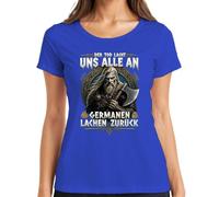 Camiseta para mujer con texto en alemán "Der Tod risa Uns alle an Germanen rien", azul, M