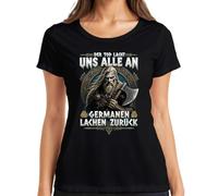 Camiseta para mujer con texto en alemán "Der Tod risa Uns alle an Germanen rien", Negro , XXL