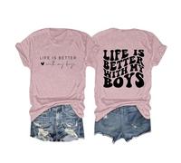 Camiseta para mujer con texto en inglés "Life is Better with My Boys", con letras impresas, para niños, mamá, lindas camisetas gráficas, camiseta informal de manga corta, camiseta amarilla, Rosa., S