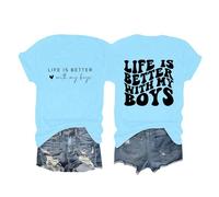 Camiseta para mujer con texto en inglés "Life is Better with My Boys", con letras impresas, para niños, mamá, lindas camisetas gráficas, camiseta informal de manga corta, camiseta amarilla, azul claro