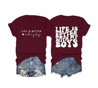 Camiseta para mujer con texto en inglés "Life is Better with My Boys", con letras impresas, para niños, mamá, lindas camisetas gráficas, camiseta informal de manga corta, camiseta amarilla, Vino, S