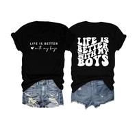 Camiseta para mujer con texto en inglés "Life is Better with My Boys", con letras impresas, para niños, mamá, lindas camisetas gráficas, camiseta informal de manga corta, camiseta amarilla, Negro , S