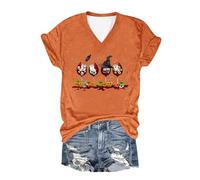 Camiseta para mujer con texto "Happy Hallothanksmas", color rojo vino, informal, a la moda, cuello en V, manga corta, manga larga, para mujer, naranja, XL