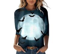 Camiseta para mujer con texto "Happy Halloween" impreso, manga 3/4, cuello redondo, blusa de luto, marine, L