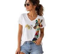 Camiseta para Mujer con un Bonito Estampado de una Vaca de Granja Vaca Divertida con Cara Grande y expresión Feliz Estampado Vintage Cuello en V Manga Corta Camiseta básica Informal de Verano