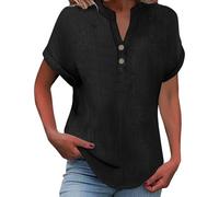 Camiseta para mujer, cuello en V, camisa de manga corta, blusas de color puro con escote en V, camisa con botón, camiseta ligera, camiseta transpirable, superior elegante, camiseta suelta, Negro