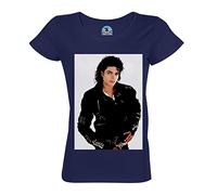 Camiseta para mujer, cuello redondo, algodón, orgánico, Michael Jackson, chaqueta negra, estilo cantante Pop Star Celebrite, azul, M
