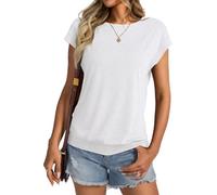 Camiseta para mujer, cuello redondo, manga corta, camiseta de verano, informal, básica, holgada, para mujer, A blanco., XXL