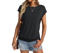 Camiseta para mujer, cuello redondo, manga corta, camiseta de verano, informal, básica, holgada, para mujer, A negro., XL