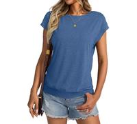 Camiseta para mujer, cuello redondo, manga corta, camiseta de verano, informal, básica, holgada, para mujer, A azul., L