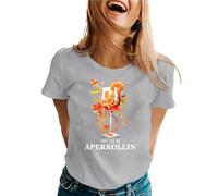 Camiseta para mujer, cuello redondo, manga corta, estampado de cóctel con vidrio, cítricos y motivos florales, texto humor colocado en el frente del pecho - Estilo Aperitivo, Bar, Vacaciones, Look