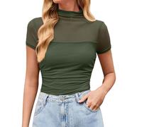 Camiseta para mujer de cuello redondo, camiseta ajustada básica Y2k, camiseta monocolor, manga corta, cintura alta, verano, escuela, informal, cómoda blusa que realza la figura, O Ejército Verde, XXL