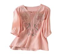 Camiseta para mujer de gran tamaño con estampado - Camiseta de algodón de manga corta elegante blusa de lino ligera con flores bordadas blusa de verano de lino blusa de muselina aireada camisas de